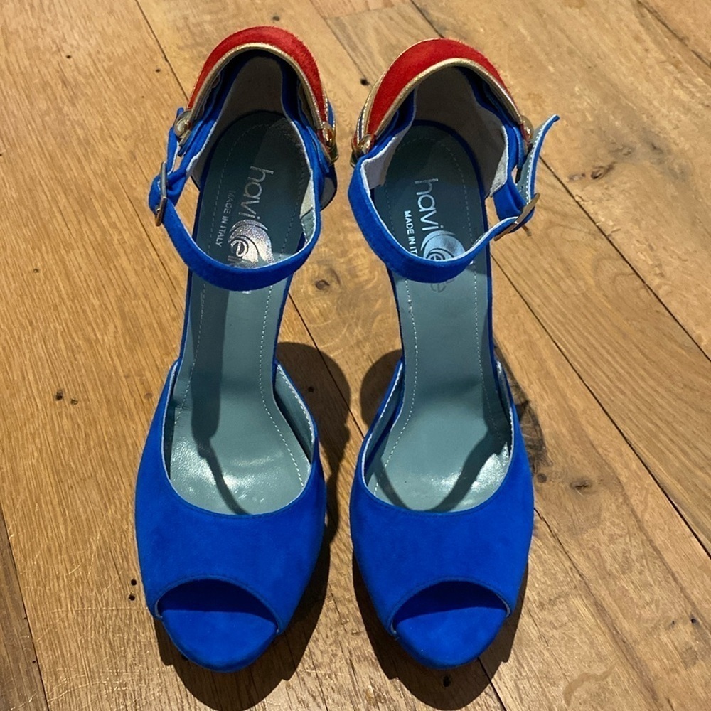 Havi Elle Rare Luxury Cobalt Blue Platform Suede PeepToe Made in Italy Heels 7.5 - Picture 4 of 13